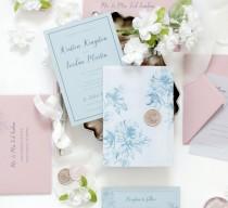 wedding photo -  Dusty blue Wedding Invitation, Navy and Blush Floral Wedding Invitation, Blue and Blush Pink, Dusty blue vellum jacket