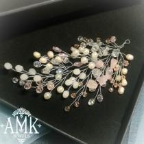 wedding photo -  Bridal hair vine, rose quartz hair piece