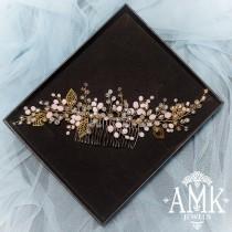 wedding photo -  Gold and pink hair comb for bride