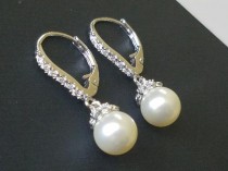 wedding photo -  Pearl Bridal Earrings, Ivory Pearl Drop Earrings, Swarovski Pearl Silver Earrings, Leverback Pearl Earrings, Bridal Jewelry, Wedding Jewelry