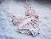 wedding photo - pink blossom lingerie set, embroidered lingerie, sheer lingerie