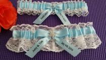 wedding photo - White Lace garter set, light blue satin, Star fish Rhinestone, personalized satin, Bridal garter, Beach wedding, Custom garter set