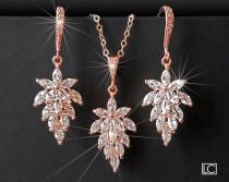 wedding photo - Rose Gold Cubic Zirconia Jewelry Set, Cluster Leaf Crystal Earrings&Necklace Set, Floral Crystal Bridal Jewelry, Rose Gold Wedding Jewelry