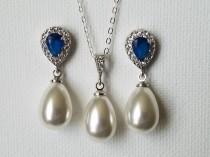 wedding photo - White Pearl Jewelry Set, Wedding Teardrop Earrings&Necklace Set, White Navy Blue Pearl Set, Bridal Jewelry Wedding Jewelry Bridal Party Gift