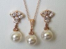 wedding photo - Rose Gold Pearl Jewelry Set, Swarovski White Pearl Drop Earrings&Necklace Set, Rose Gold Wedding Jewelry Set, Pink Gold Pearl Bridal Jewelry