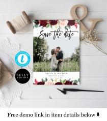 Templett Photo save the date template Printable Engagement Save the date with picture Merlot Red Bohemian Wedding Personalized DIY #vmt218 wedding photo - Templett Photo save the date template Printable Engagement Save the date with picture Merlot Red Bohemian Wedding Personalized DIY #vmt218