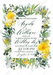 wedding photo -  Mimosa yellow greenery herbs wedding invitation set PDF 5x7 in