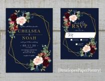 Elegant Navy Floral Geometric Frame Fall Wedding Invitation,Burgundy,Blush,Marsala,Roses,Gold Print,Shimmery,Printed Invitation,Wedding Set wedding photo - Elegant Navy Floral Geometric Frame Fall Wedding Invitation,Burgundy,Blush,Marsala,Roses,Gold Print,Shimmery,Printed Invitation,Wedding Set