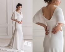 wedding photo - Beach wedding dress with ruffle sleeves, minimalist elegant bridal gown, V-neck mermaid train dress