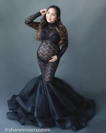 wedding photo - Rose Gown - Black Lace Maternity Dress for Photoshoot, Long Sleeve Maternity Gowns for Photo Shoot, Maternity Gowns for Photography, Sheer