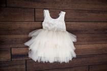 wedding photo - White Lace Infant Flower Girl Dress, Toddler Tulle Wedding Gown, Princess Dress, Boho Beach Wedding