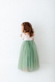 wedding photo - Dusty Sage Long Sleeve Wedding Gown, White Lace Flower Girl Dress, Floor Length Mint Green Tulle Dress