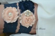 wedding photo - BEST SELLER Blush Navy Pearl Bridal Garter Set 