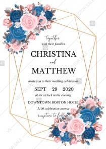 wedding photo -  Wedding invitation pink navy blue rose peony ranunculus floral card template PDF 5x7 in PDF editor