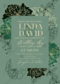 wedding photo -  White peony foil gold stamping custom card template emerald green wedding invitation set PDF 5x7 in
