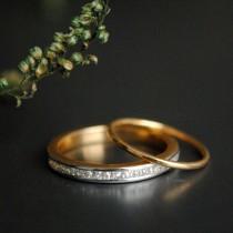 wedding photo -  Wedding Ring Set. Princess Cut Diamond Channel Set Engagement Ring. Thin Stackable Gold Bridal Wedding Band. Half Eternity 14K Gold Band