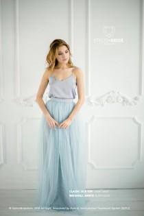 wedding photo - Dusty Blue #136 Tulle Dress with Light Grey Silk Classic Cami Top, Grey Long Floor Length Waterfall Skirt, Simple Engagement Dress