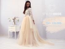 wedding photo - Magic Ombre Wedding Tulle Dress Train, Set Lace 003 Crop Top with Sleeves and Tulle skirt long, Bridal Tulle Gown, Wedding Nude Tulle Skirt