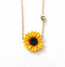 wedding photo -  Sunflower Necklace, Yellow Pendant, Personalized Initial Leaf Necklace, Bridesmaid Necklace, Yellow Bridesmaid Jewelry, Sunflower Flower