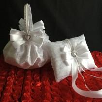 wedding photo -  white wedding flower girl basket, wedding ring bearer pillow, white ring pillow, lace flower girl basket, white flower girl basket
