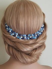wedding photo -  Blue Crystal Bridal Hair Vine, Dusty Blue Hair Piece, Bridal Blue Crystal Headpiece, Crystal Pearl Hair Wreath, Wedding Blue Hair Jewelry