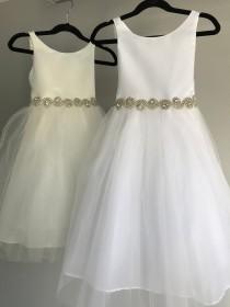 wedding photo - Tulle Satin Flower Girl Dress with Crystal Pearl Bridal Belt Sash  Big Bow Baby Dress Baby Satin Dress Baby Baptism Dress