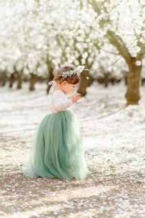 wedding photo - Full Length Sage Green Tulle Lace Top Scalloped Edges Back Party Flower Girl Dress