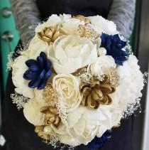 wedding photo -  Sola flower bouquet,  wooden bouquet,  navy blue and gold, brooch bouquet, sola flower arrangement,  rustic wedding flowers,  dried flowers