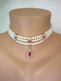 wedding photo -  Vintage Rosita Pearl Choker, Signed Rosita Pearls, Pearl And Ruby Choker, Indian Bridal Choker, Downton Abbey Jewellery, Red Moonstone, Deco