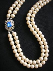 wedding photo -  Vintage Pearl And Sapphire Necklace, 2 Strand Pearls, Pearls With Side Clasp, Long Pearl Necklace, Blue Bridal Jewelry, Cobalt Blue, Deco