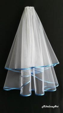 White Wedding Veil, Two Layers, Riverside Blue Colour Satin Edging. wedding photo - White Wedding Veil, Two Layers, Riverside Blue Colour Satin Edging.