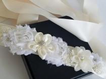 wedding photo -  Ivory White Bridal Sash, Floral Girl Dress Belt, Wedding White Ivory Sash, Bridal Floral Belt, Bridal Flower Ribbon Sash, Bridal Dress Belt