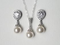 wedding photo - White Pearl Jewelry Set, Swarovski 8mm Pearl Earrings&Necklace Set, Wedding Pearl Dainty Jewelry Set, Bridal Jewelry Set, Wedding Pearl Set