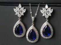 wedding photo - Blue Sapphire Halo Crystal Bridal Set, Navy Blue Earrings&Necklace Jewelry Set, Wedding Royal Blue Teardrop Set, Blue Crystal Bridal Jewelry