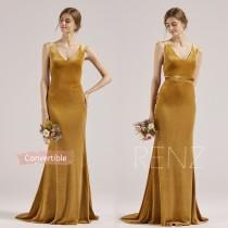 wedding photo - Ginger Velvet Bridesmaid Dress V Neck Party Dress Low Back Fitted Wedding Dress Sash Bow Tie Convertible Prom Dress with Long Train (RV015)