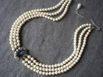 wedding photo -  Vintage Pearl Choker, Osaki Pearls, Pearl Choker With Montana Sapphire Pendant, 3 Strand Pearls, Ivory Pearls, Sterling Silver, Bridal Pearl