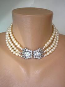 wedding photo -  Art Deco Style Pearl Choker, Vintage Pearl Choker, 3 Strand Pearls, Cream Pearls, Pearl Bridal Choker, Wedding Pearls, Downton Abbey Jewelry
