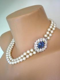 wedding photo -  Vintage Pearl And Montana Sapphire Choker, Pearl And Sapphire Necklace, Bridal Pearls, Vintage Pearls, Pearls With Side Clasp, Ivory Pearls