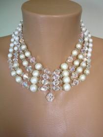 wedding photo -  Vintage Pearl And Crystal Choker, Vintage Bridal Pearls, Pearl Choker, Wedding Jewelry, Pearl Collar, 1950, 4 Strand Pearls, Satin Pearls