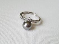wedding photo - Grey Pearl Silver Ring, Swarovski Gray Pearl Ring, Charcoal Pearl Adjustable Ring, Wedding Grey Pearl Jewelry, Women Ring, Bridal Party Gift