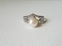 wedding photo - Freshwater Pearl Ring , White Pearl Ring, Wedding Pearl Silver Dainty Ring, Bridal Party Gift, White Pearl Women Ring, Wedding Pearl Jewelry