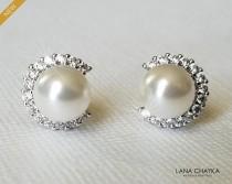 wedding photo - White Pearl Halo Earrings, Swarovski Pearl CZ Earrings, Bridal Pearl Silver Earring Studs, Wedding Pearl Bridal Jewelry, Dainty Pearl Studs