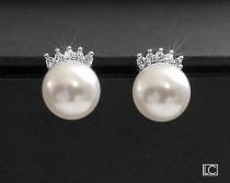 wedding photo - White Pearl Wedding Earrings, Swarovski 8mm Pearl CZ Earrings, Bridal Pearl Earring Studs, Wedding Jewelry, Bridesmaids Earrings, Prom Studs