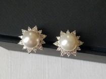 wedding photo - Pearl Stud Bridal Earrings, Swarovski White Pearl Silver Earrings, Pearl Halo Earrings, Wedding Bridal Jewelry, Pearl Cubic Zirconia Studs