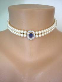 wedding photo -  Vintage Pearl Choker Necklace, Montana Sapphire Rhinestone Pendant, Attwood & Sawyer