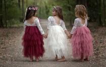 wedding photo - Tea Length Tiered Tulle Tutu Lace Top Scalloped Edges Back Party Flower Girl Dress