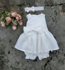 wedding photo - Ivory baptism linen dress baby, Girls Christening outfit, Baby flower girl dress with bloomers and headband