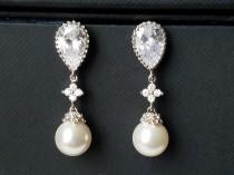 wedding photo - Pearl Bridal Earrings, Swarovski White Pearl Earrings, Pearl Silver CZ Wedding Earrings, Bridesmaids Pearl Jewelry, Pearl Dangle Earrings