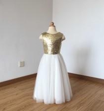 wedding photo - Floor-length Light Gold Sequin Ivory Tulle Flower Girl Dress