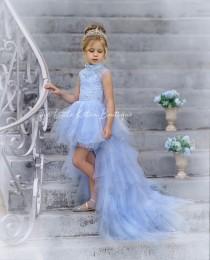 wedding photo - tulle flower girl dress, lace flower girl dresses, pageant dress, blue flower girl dress with train, beaded girls party dress, Ball gown